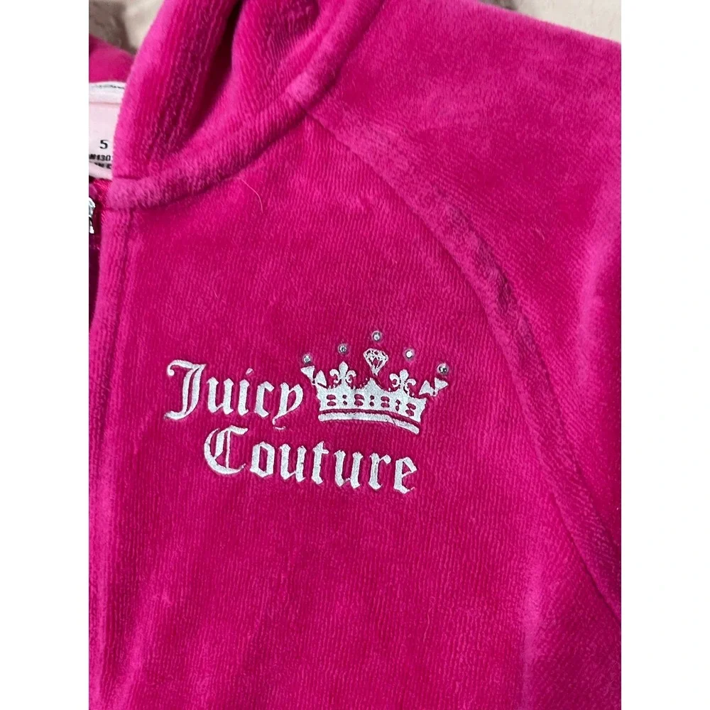 Juicy Couture Velour Zip Up Jacket Girls Size 5 Pink Crown Logo Heart Rhinestone